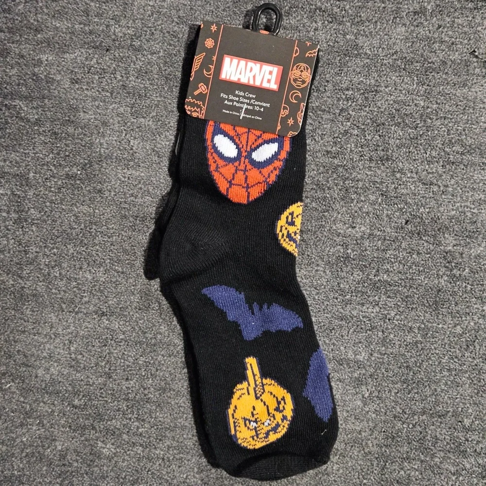 Marvel Kids Spider-Man Halloween Crew Socks Black Orange Pumpkin Bats Size 10-4